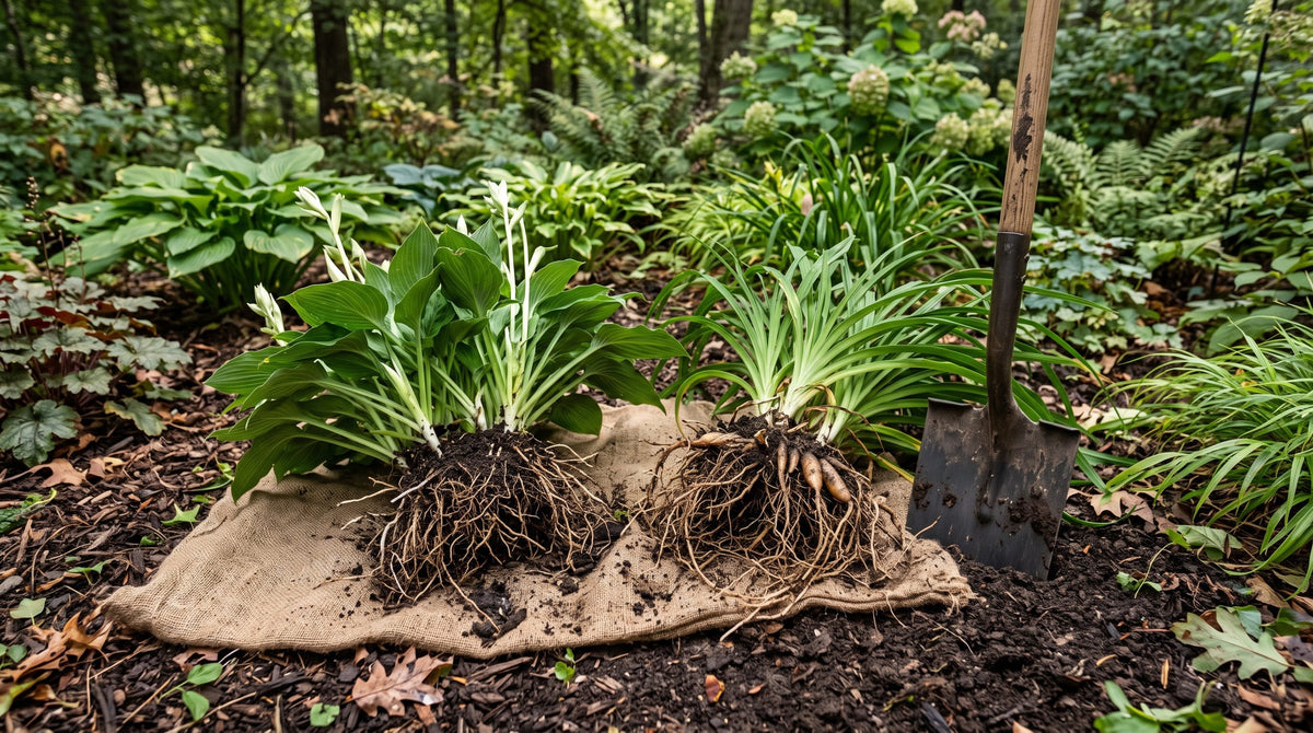 A lifted hosta clump and daylily clump on burlap beside a garden spade in a shady garden bed, ready to be divided.