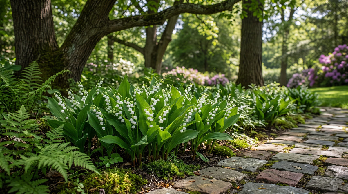 A patch of lily of the valley with white bell-shaped flowers and green leaves growing in dappled shade beside a stone path
