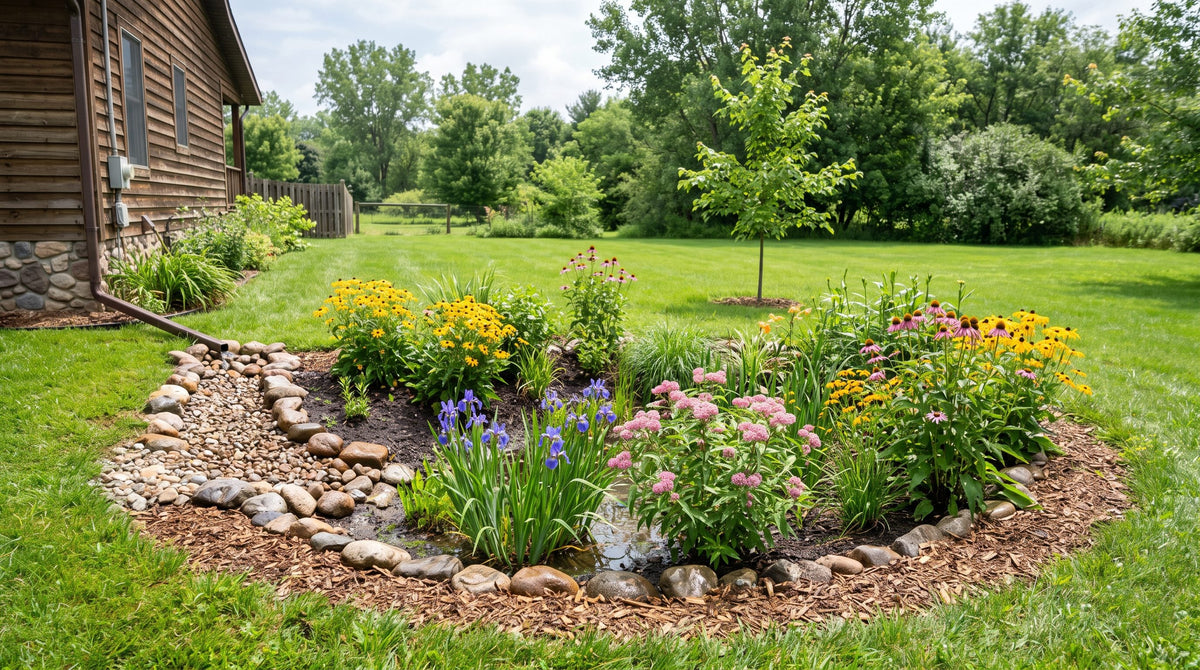 A planted backyard rain garden with blue iris and pink milkweed in the damp center and yellow and purple coneflowers on the rim, stones at the inlet.
