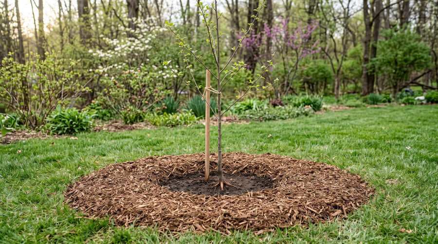 A young sapling in a lawn with a wide, flat ring of shredded bark mulch pulled back from its trunk