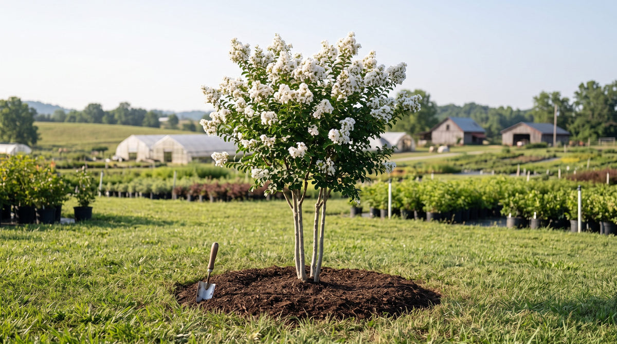 Young Natchez crepe myrtle with white flowers, newly planted in a sunny garden with a mulch ring and a spade beside it